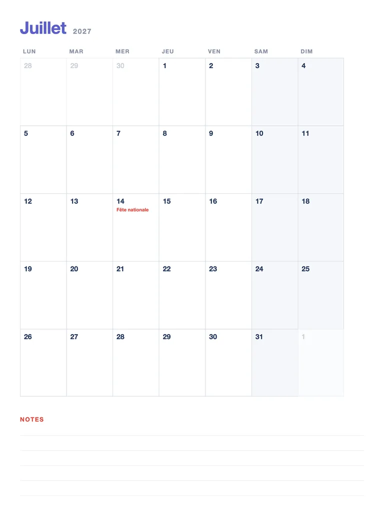 Calendrier 2027 — jul