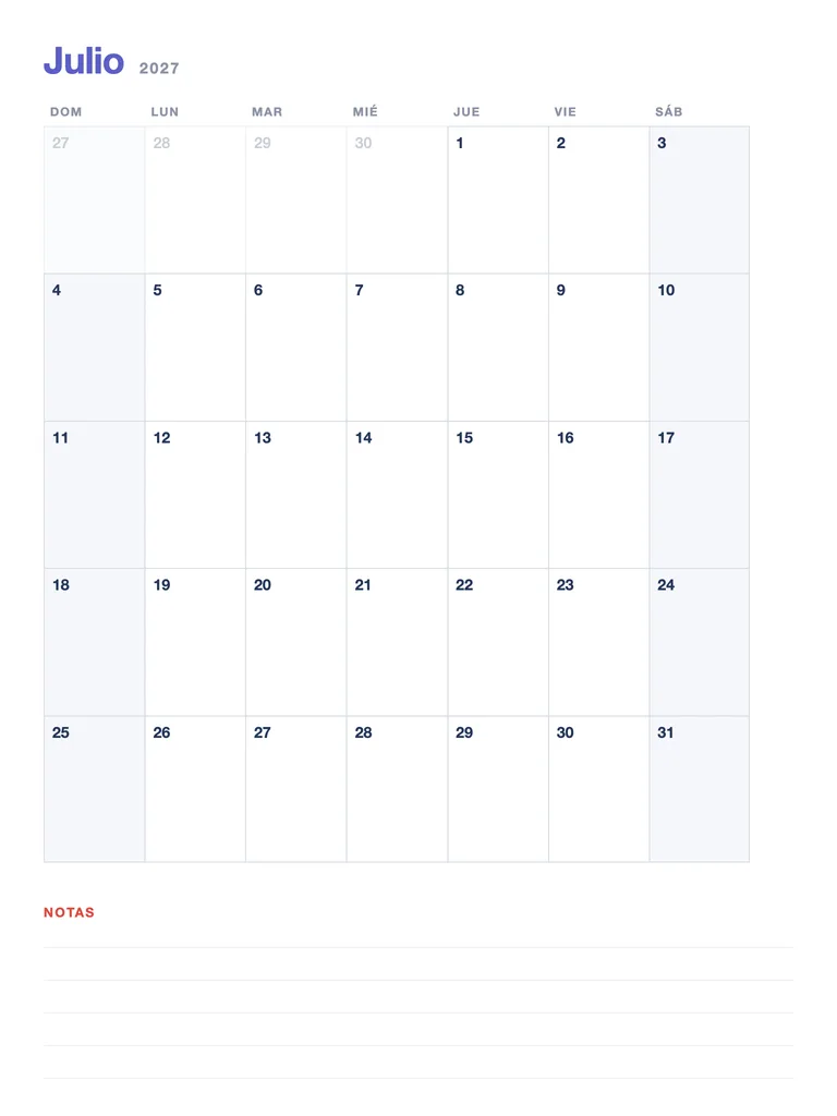 Calendario 2027 México — jul