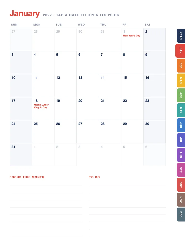 2027 digital planner month page with clickable month tabs