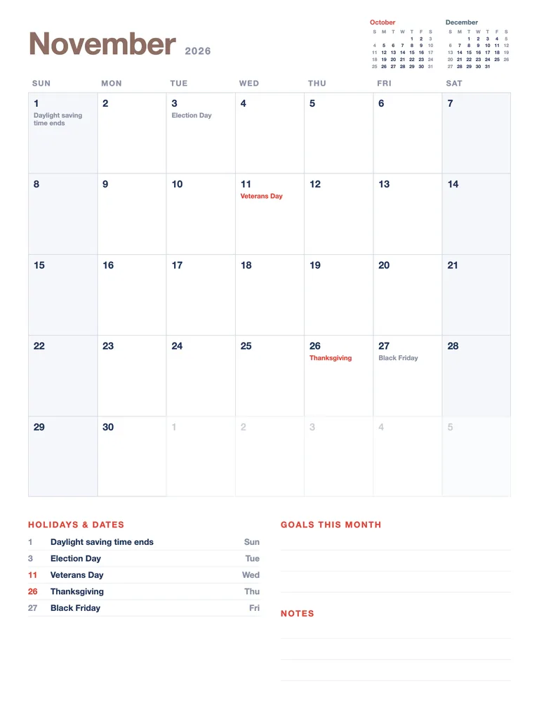 November 2026 Calendar template preview