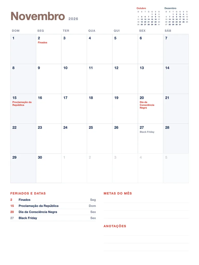 Calendário Novembro 2026