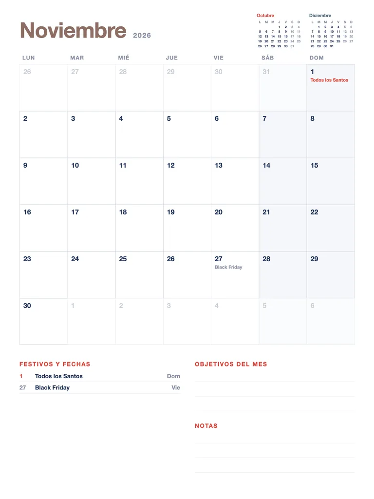 Calendario Noviembre 2026