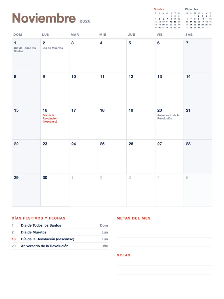 Calendario Noviembre 2026