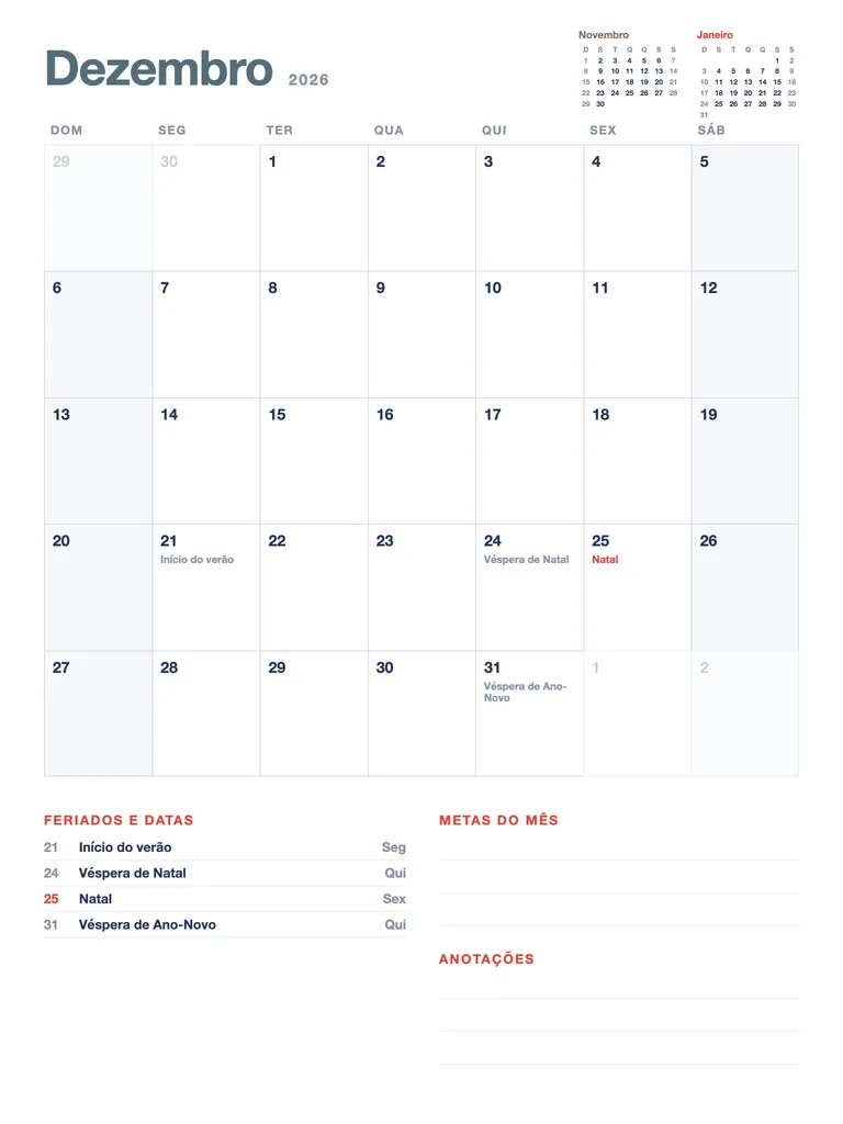 Calendário Dezembro 2026