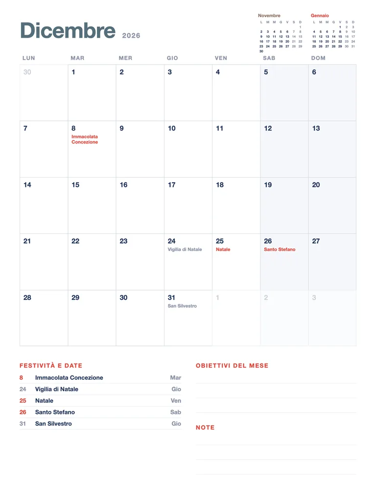 Calendario Dicembre 2026
