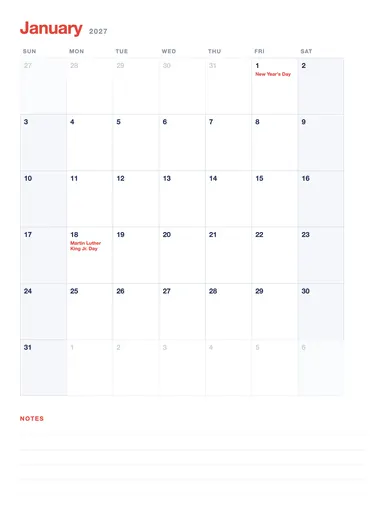 2027 Calendar — January page