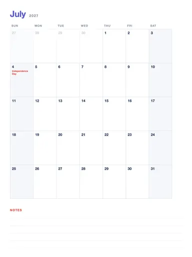 2027 Calendar — July page