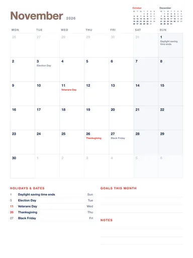 November 2026 Calendar — Monday start page
