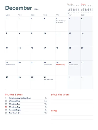 December 2026 Calendar — Monday start page