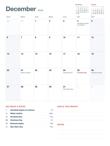 December 2026 Calendar — Sunday start page
